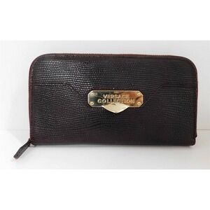 Versace Collection Italy Bordeaux Reptile Leather Zip Around‎ Clutch Wallet